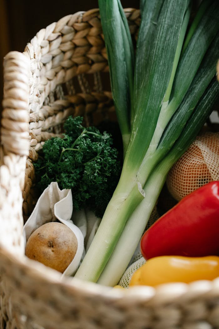 Wicker basket with ripe assorted vegetables